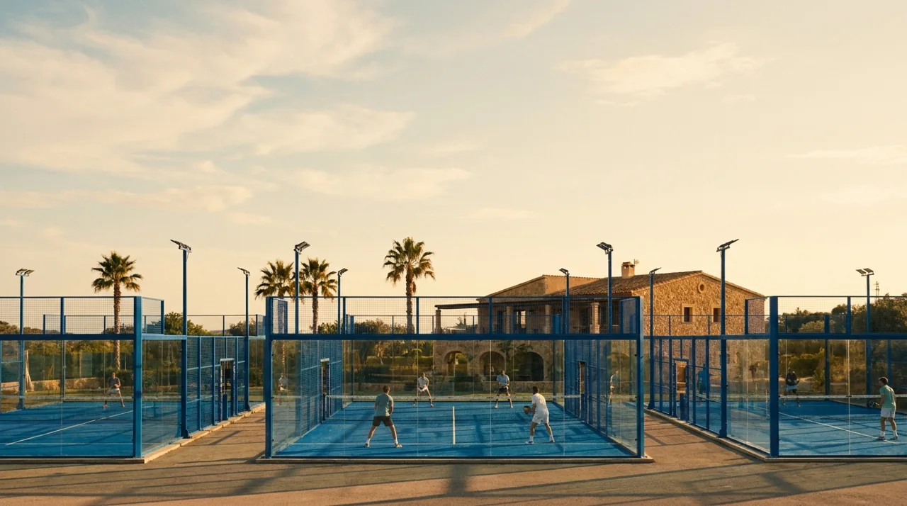 Padel courts at golden hour with players mid-rally